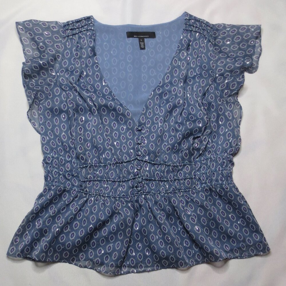 White House Black Market Blue Printed Ruffle Sleeve Blouse